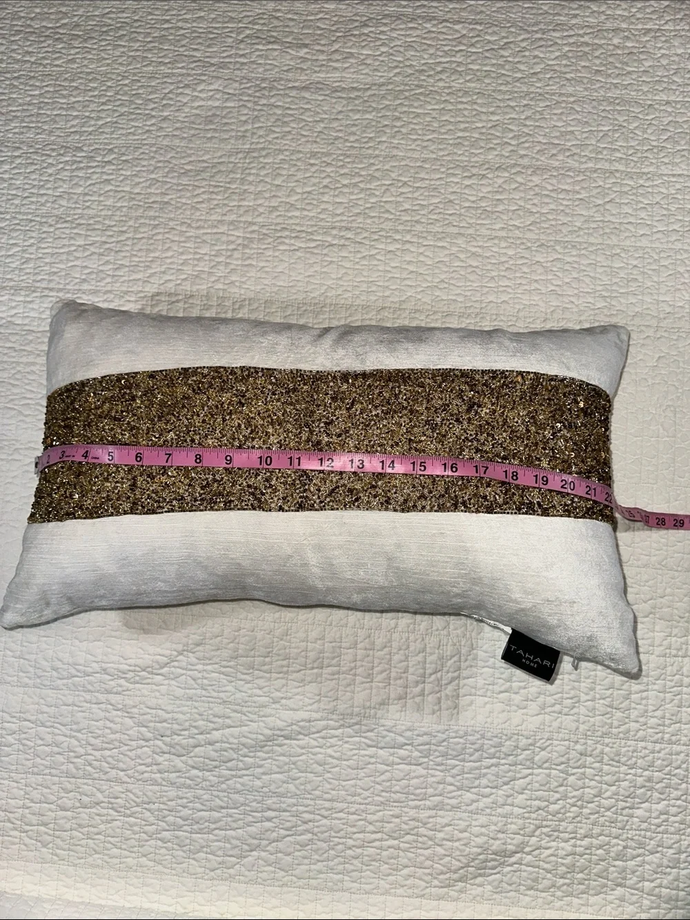 TAHARI White Velvet Down Filled Beaded Pillow Gold Lumbar like new - Picture 5 of 6